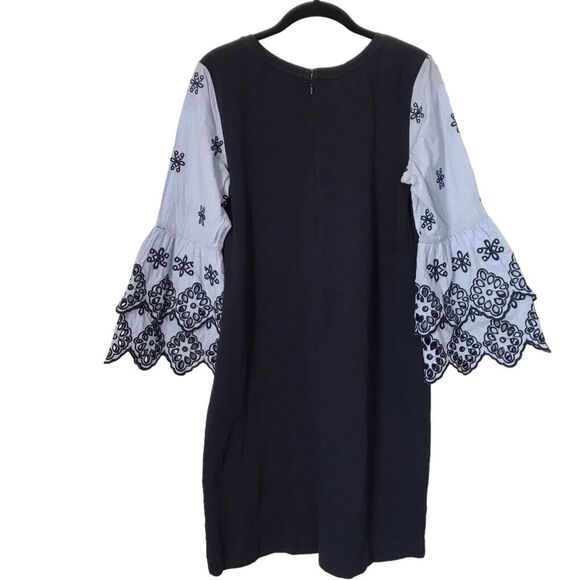 Loft Dress Womens Size S Navy Blue Embroidered Eyelet 3/4 Bell Sleeve Shift Boho - Picture 6 of 12
